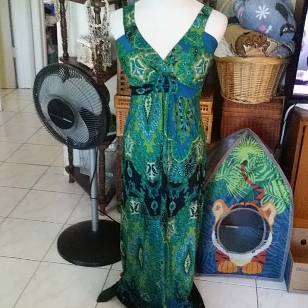 Pretty Young Thing long print dress tank top style,colors blue, green, etc.